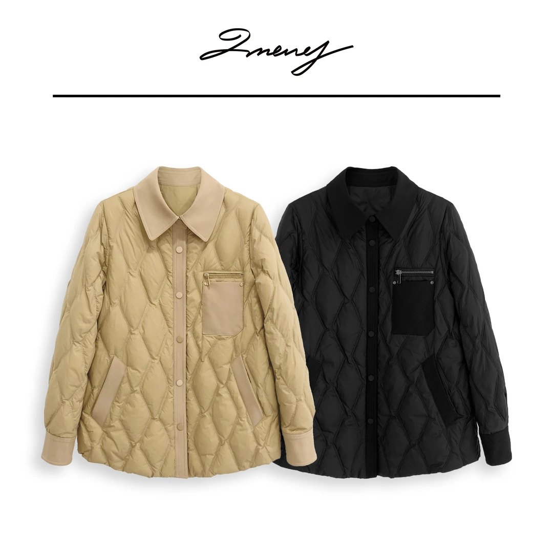 LMENY暖煦菱花~简约轻奢菱格拼接口袋衬衫式羽绒服24DY099