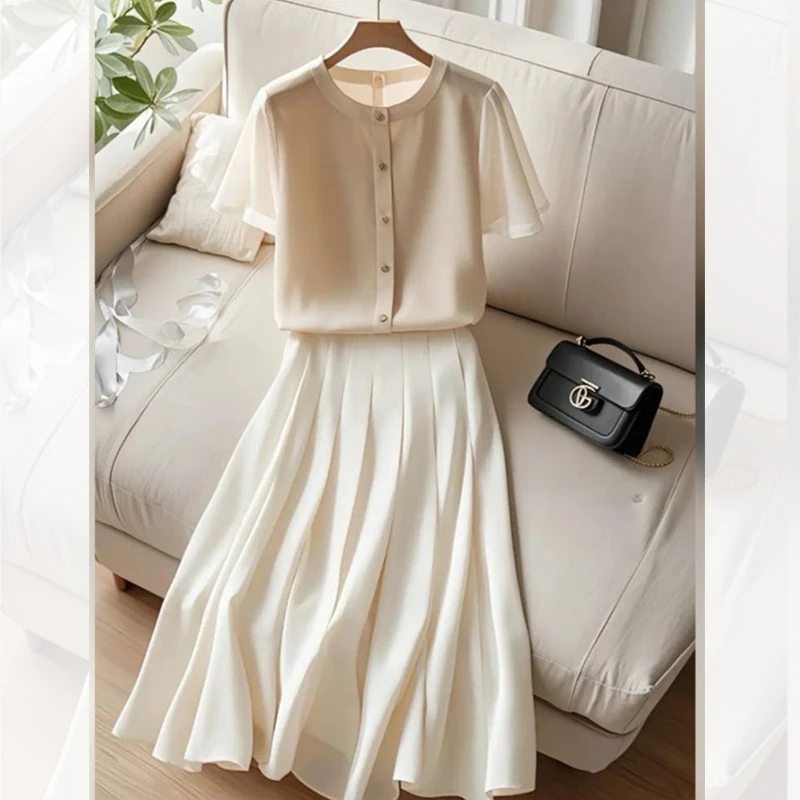 2025年春新款穿搭一整套韩系套装女韩版短袖衬衫百褶半身裙两件套