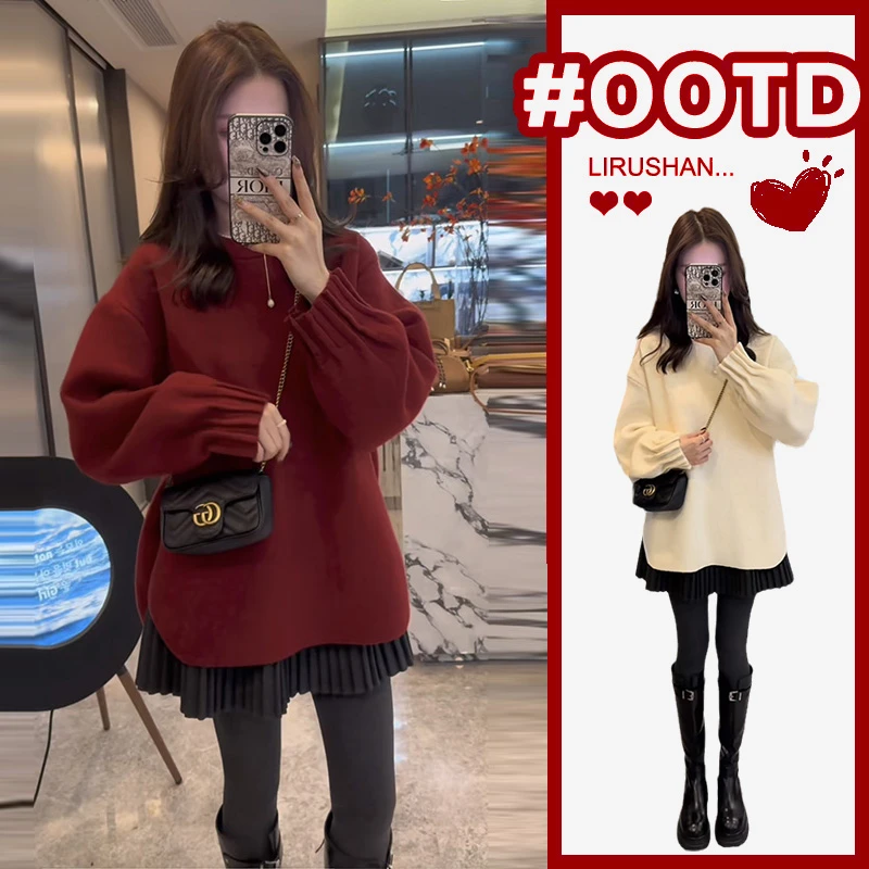 2025春季一整套宽松新年圣诞红色针织毛衣高腰显瘦百褶裙两件套