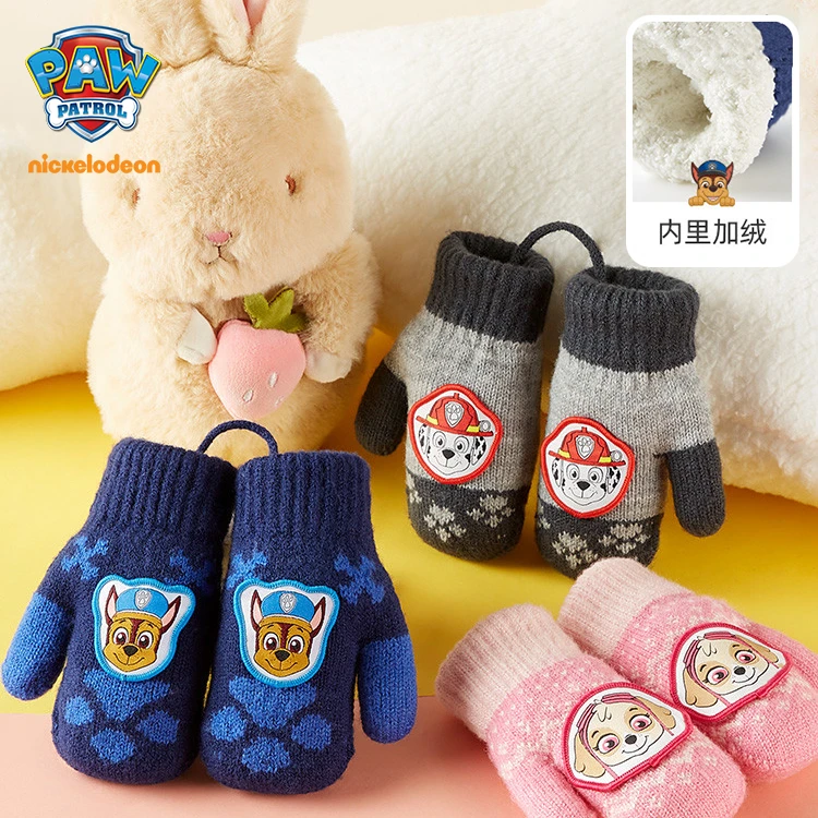 超级汪汪队儿童手套冬季加绒加厚3-5岁上学专用手套挂绳防丢手套