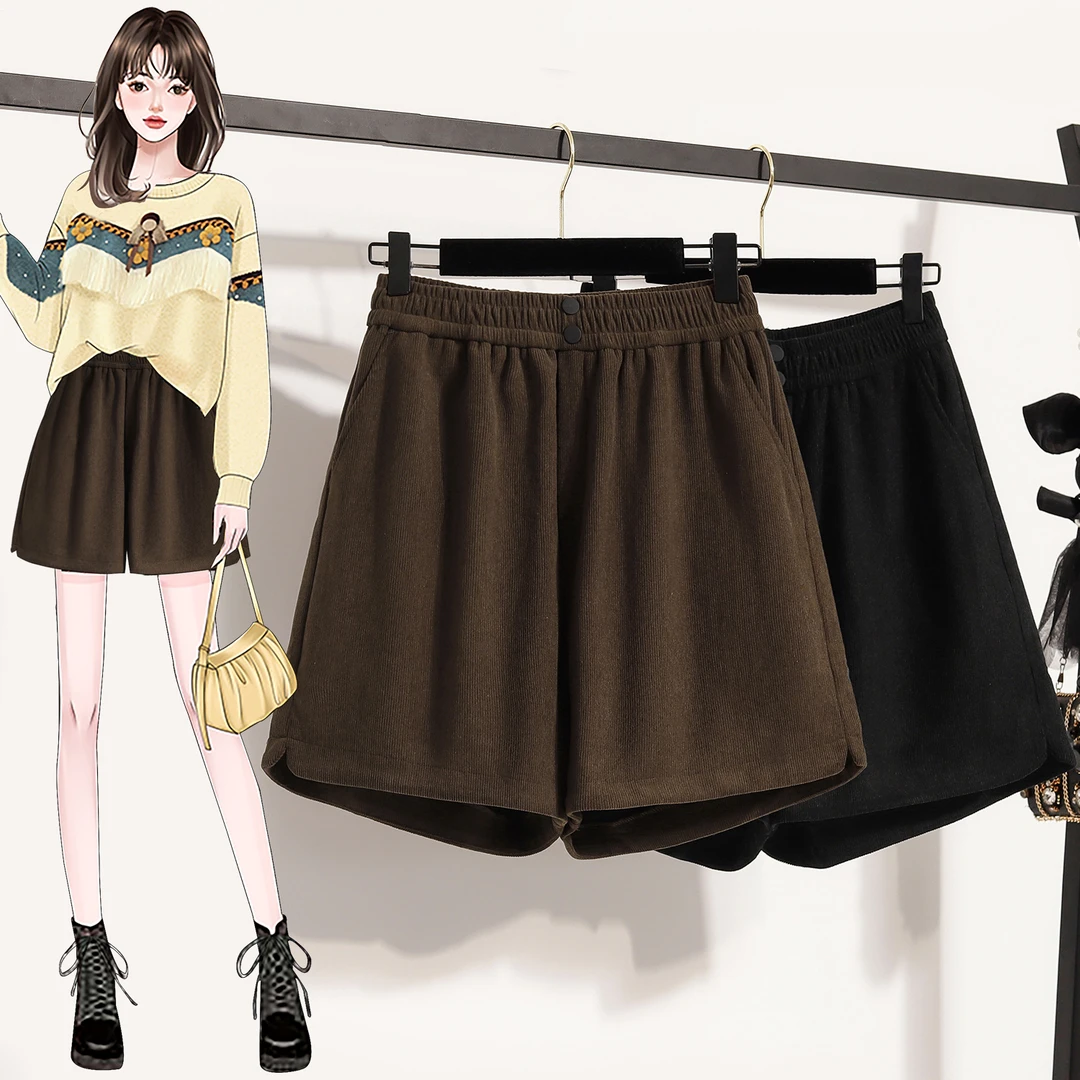 大码女裤秋冬外穿灯芯绒阔腿短裤胖mm高腰a字靴裤咖色显瘦休闲裤