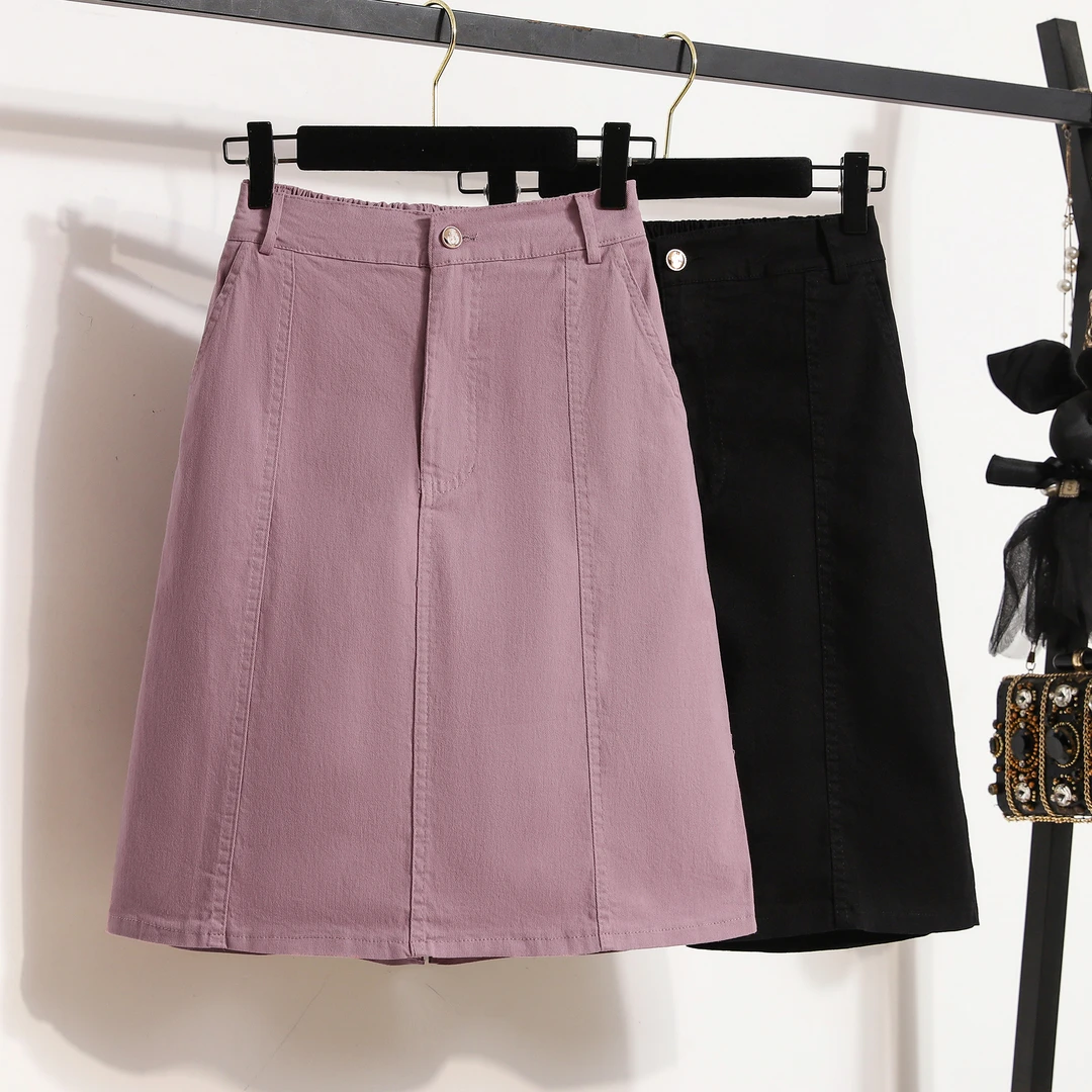 夏新款休闲松紧腰大码弹力五分牛仔半身裙胖MM高腰A字裙时尚百搭