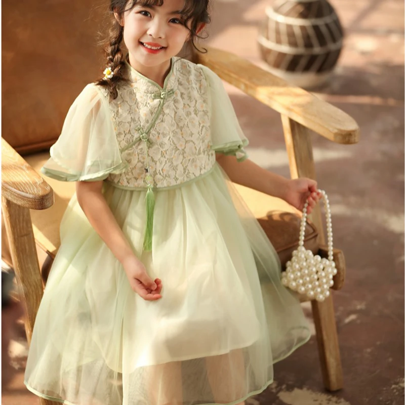 绿翡汉服连衣裙女童中小童2023夏季仙女裙中国风小女孩仙气古风