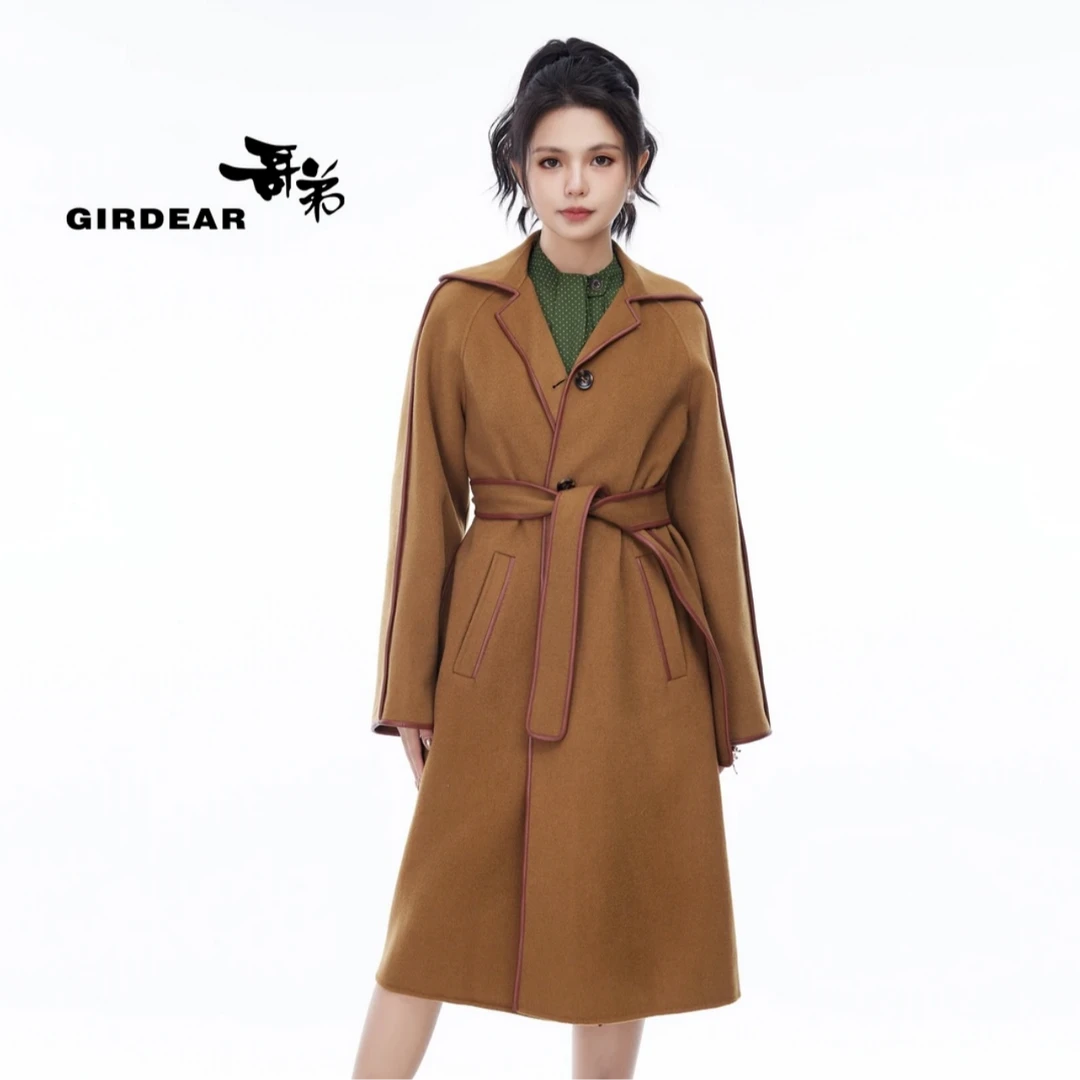 GIRDEAR/哥弟秋冬时尚轻奢滚边工艺双面呢中长款毛呢大衣1400510