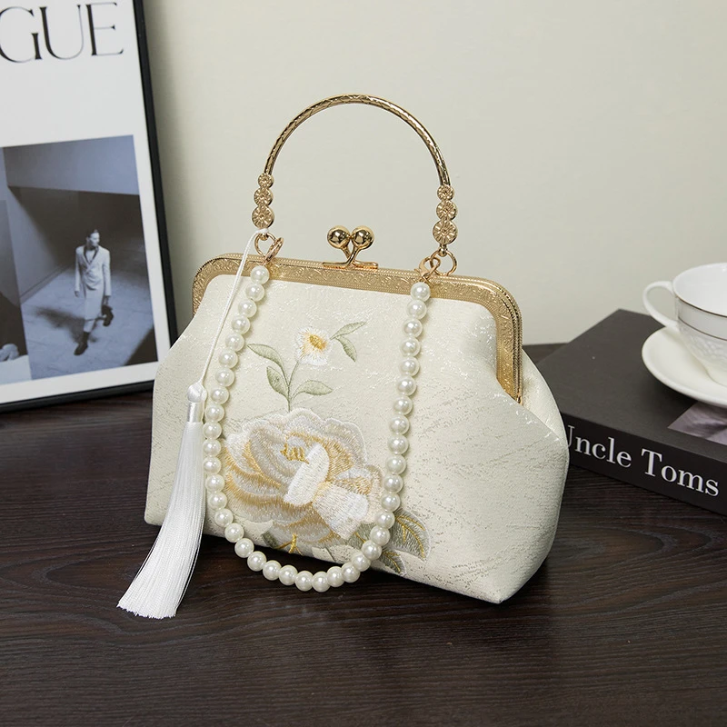 国风刺绣旗袍包包女士时尚百搭汉服包单肩斜挎珍珠手提宴会口金包