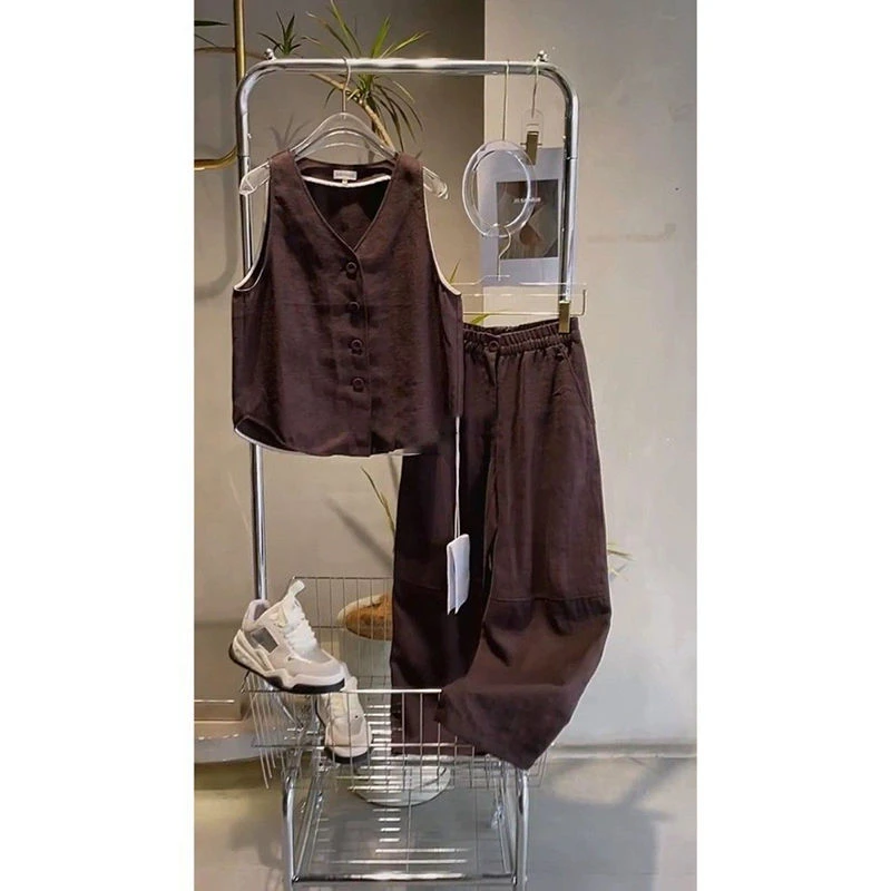 禅意风气质咖色马甲裤子两件套2024年夏季新款今年超流行爆款套装