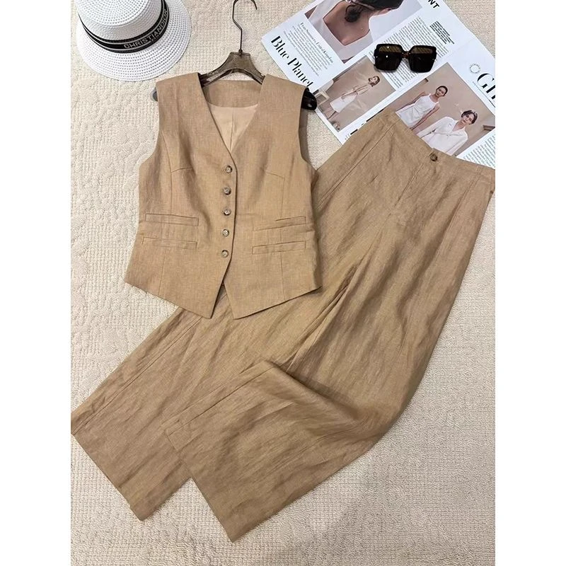 轻奢气质小众设计高级感2024早春复古法式背心马甲高腰阔腿裤套装