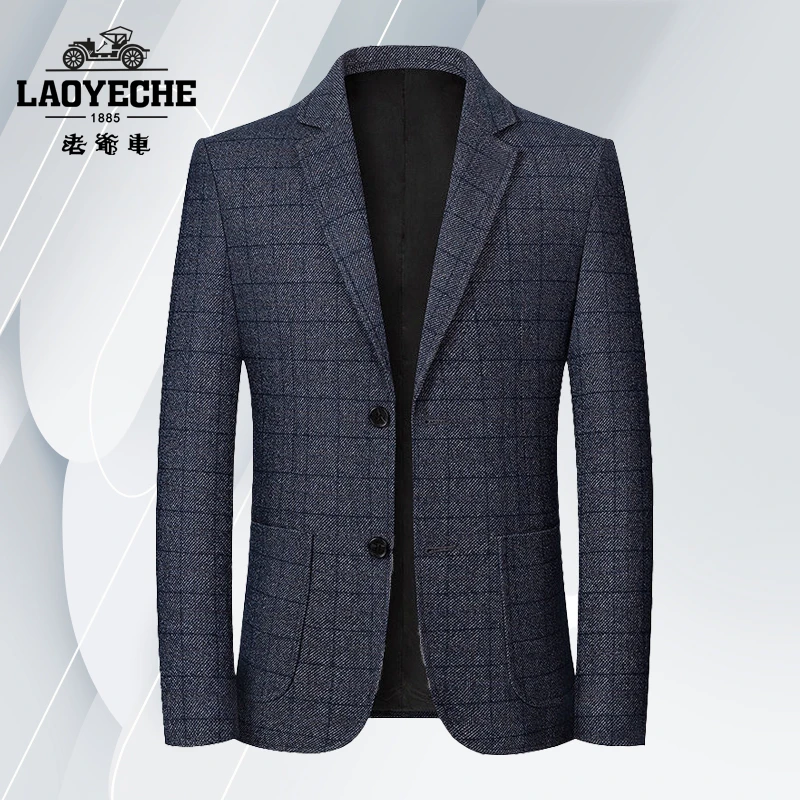 老爷车秋季薄款经典西服外套中年商务休闲格子上装修身高档修身