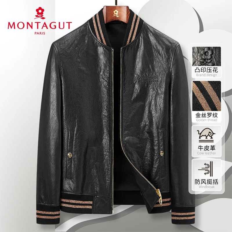 梦特娇秋冬男山羊皮夹克棒球领真皮衣防风保暖外套轻奢J302365020
