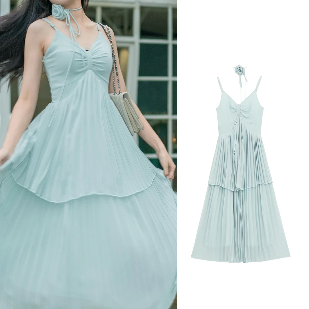 韩系夏季新款假两件氛围感吊带垂感气质名媛收腰A字连衣裙F591885