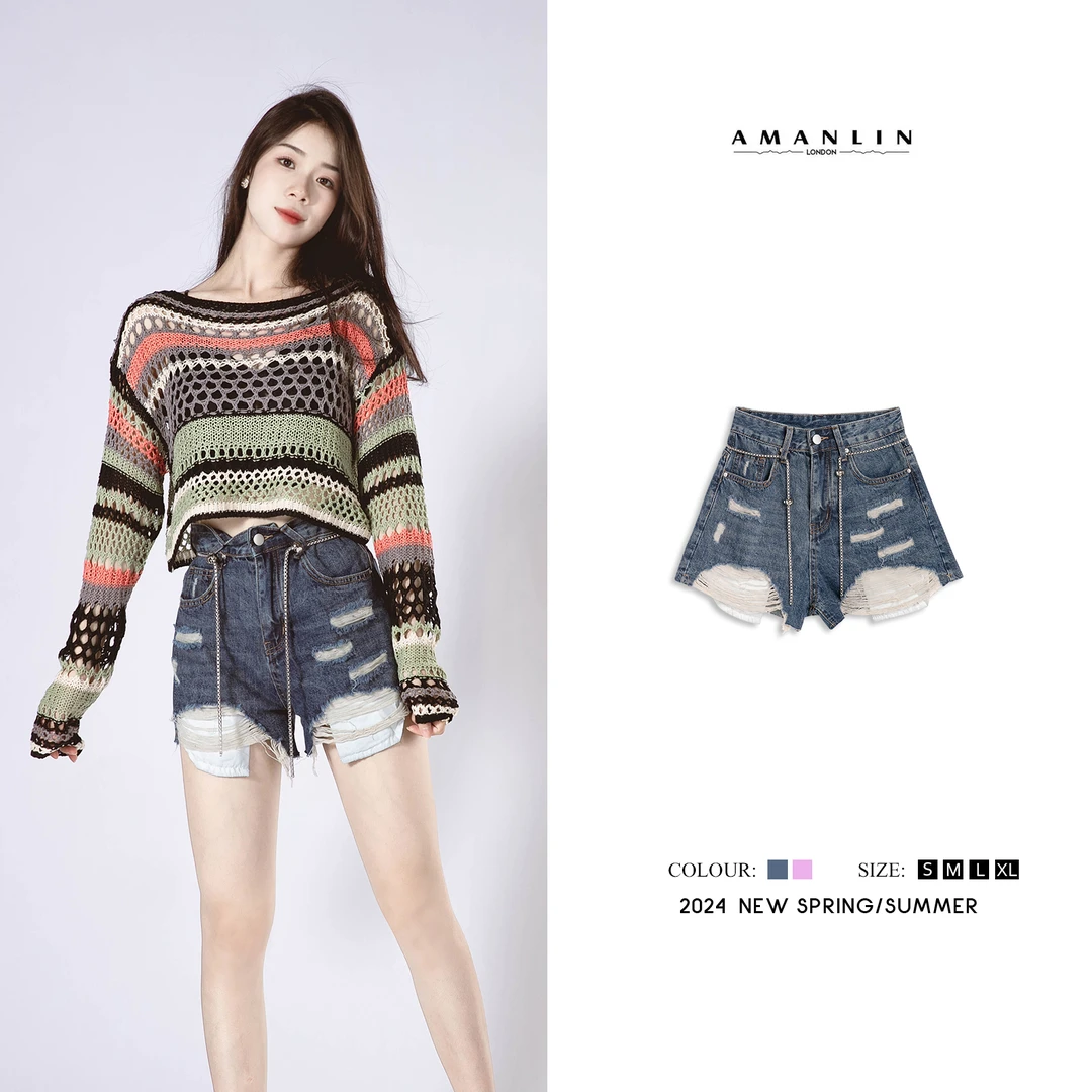 夏季时尚气质破洞刺绣紫色流苏毛边牛仔短裤L592508