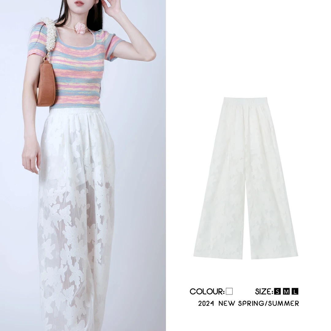 夏季新款透气镂空蝴蝶结刺绣垂感款式裤子-F592185