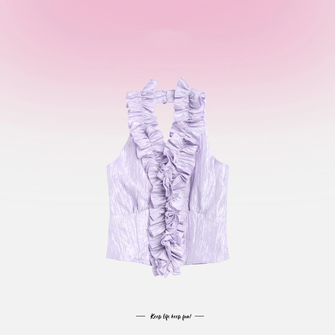 夏季时尚气质设计师V领木耳褶皱紫色无袖上衣L592298