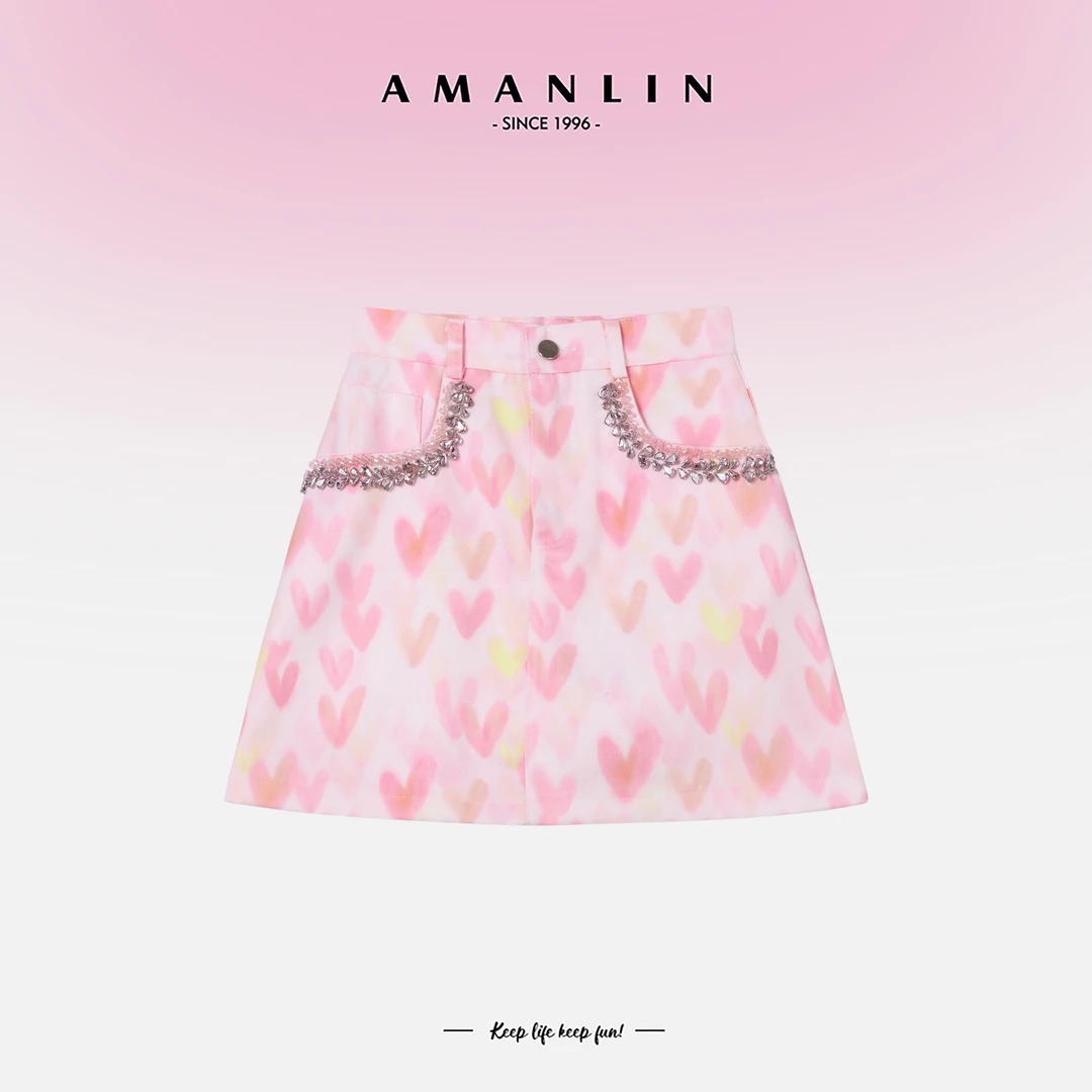 夏季时尚洋气粉色爱心少女风口袋重工烫钻短裙F592192