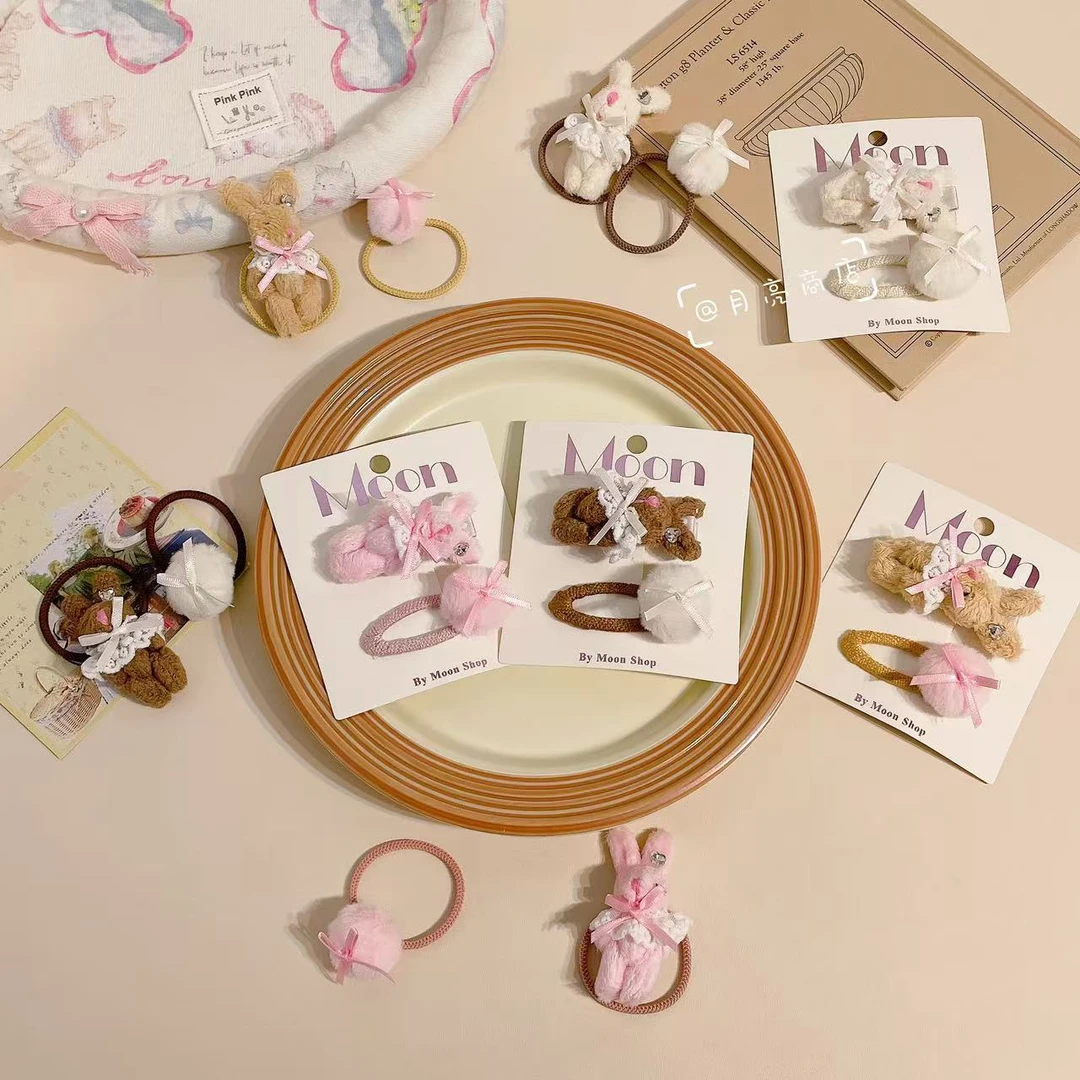 XS-0392韩国儿童发绳可爱毛绒小兔子皮筋甜美蕾丝发圈头绳发饰