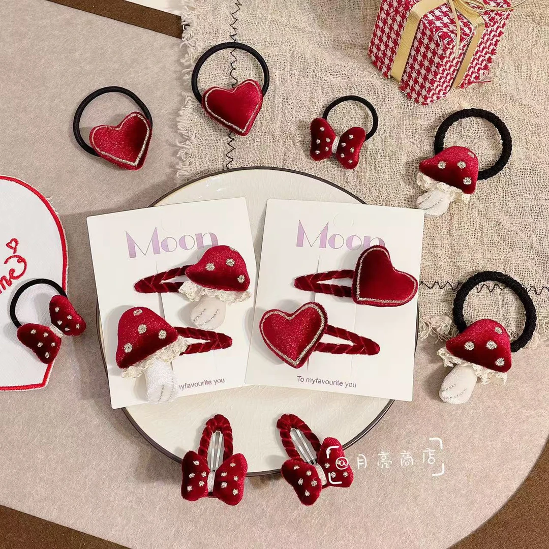 XS-0625儿童蝴蝶结圣诞酒红爱心发绳可爱布艺蘑菇发绳发圈发饰