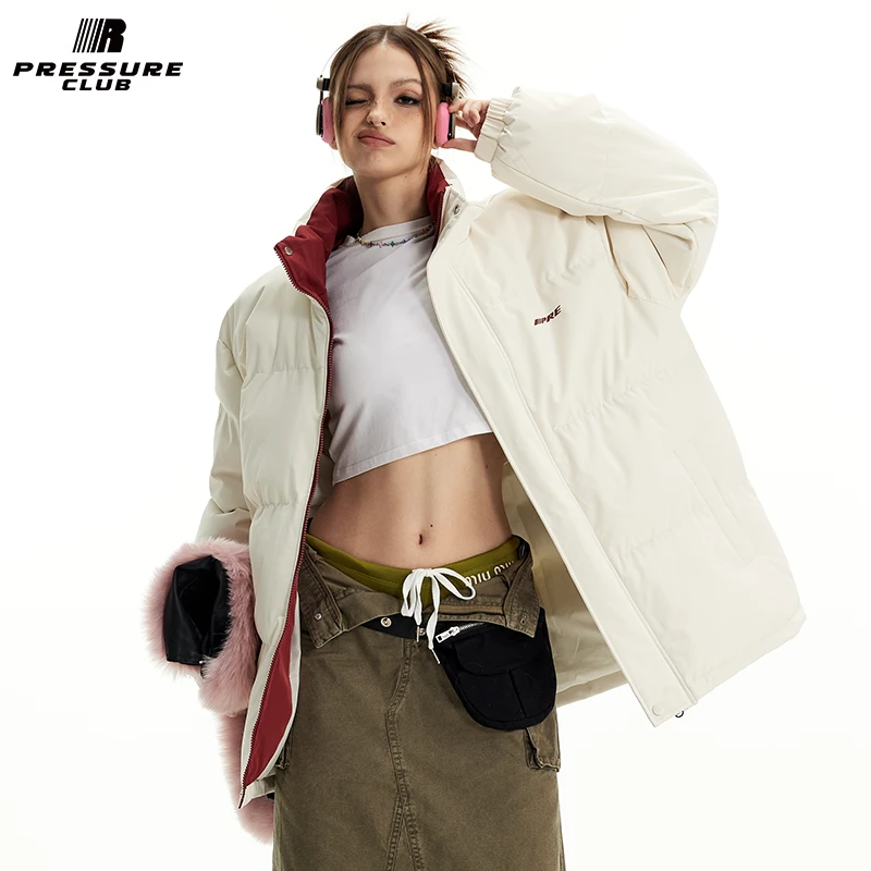 PRESSURE美式复古拼接撞色字母Logo印花休闲宽松立领拉链棉服外套