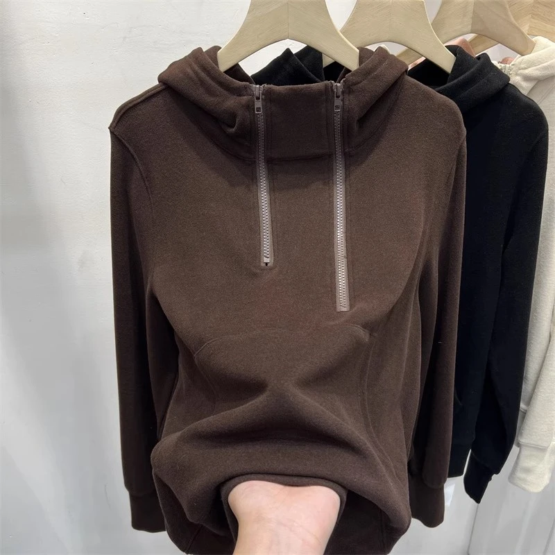 双拉链德绒连帽卫衣女2024秋冬新款小众加绒加厚保暖打底帽衫上衣