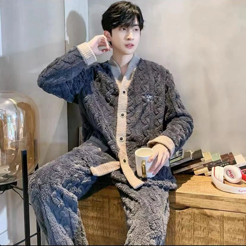 冬季新款珊瑚绒睡衣男长袖刺绣法兰绒家居服-09