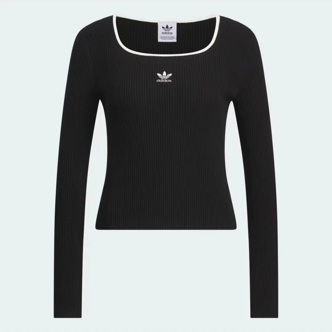 adidas/阿迪达斯三叶草新款黑色撞色圆领复古方领针织紧身套头衫