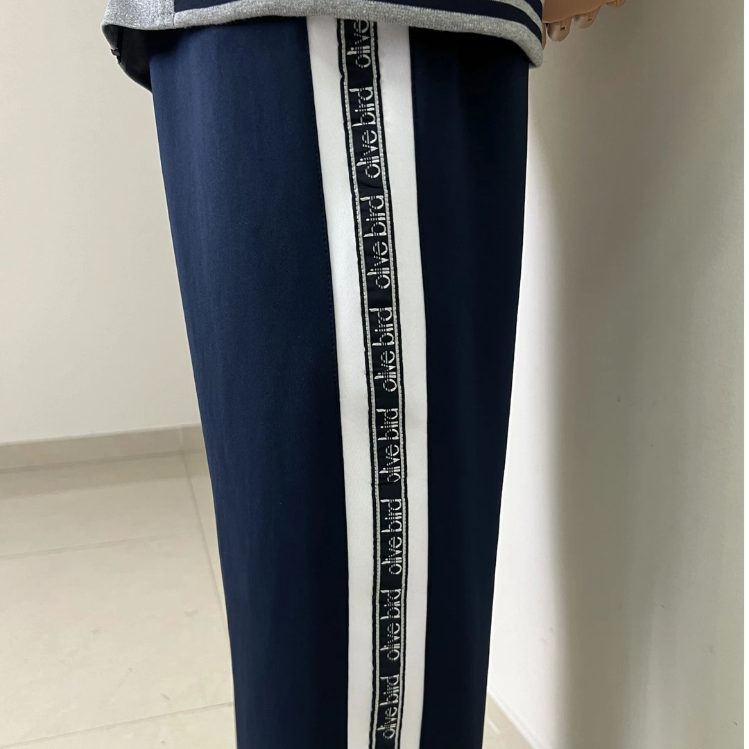 藏蓝拼接裤字母条纹平口校服裤子