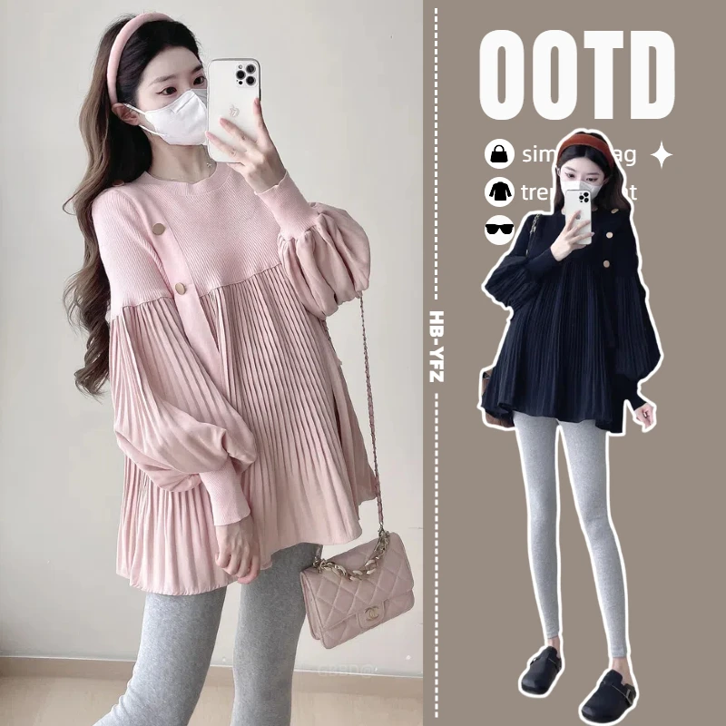 孕妇装秋冬装套装时尚网红款泡泡袖拼接连衣裙宽松遮肚孕妇套装