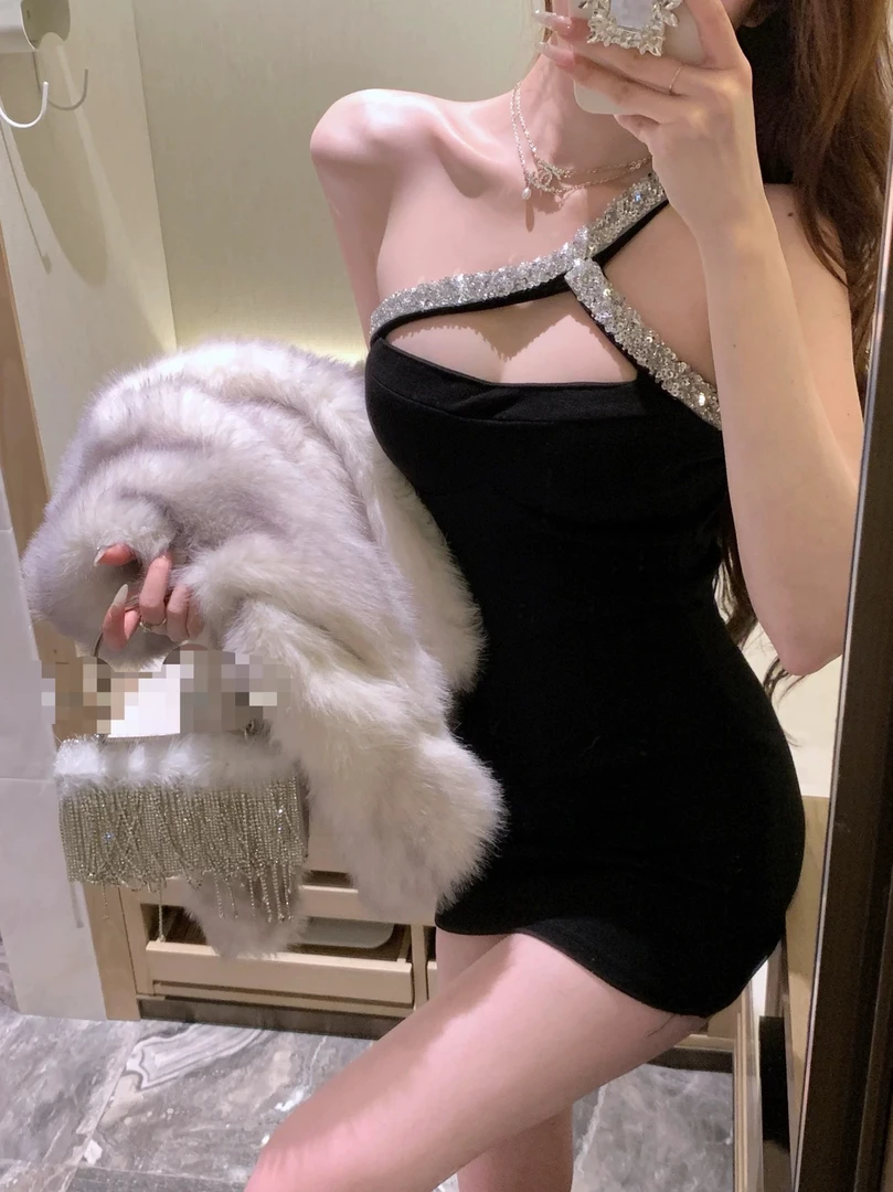 GGE [定制女装]2025夏季名媛斜肩重工钉钻抹胸收腰镂空连衣裙