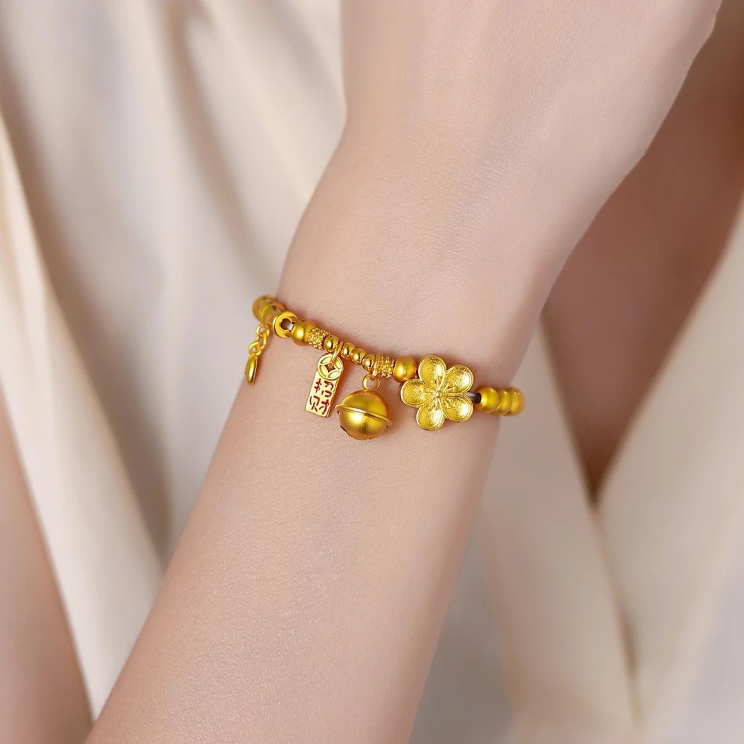 铜合金手链 不掉色 古法招财桃花铃铛手串轻奢小众转运珠手链女款
