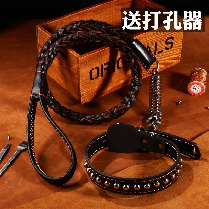 真皮牛皮狗链子狗狗大型犬项圈德牧遛狗绳子金毛防爆冲中型牵引绳