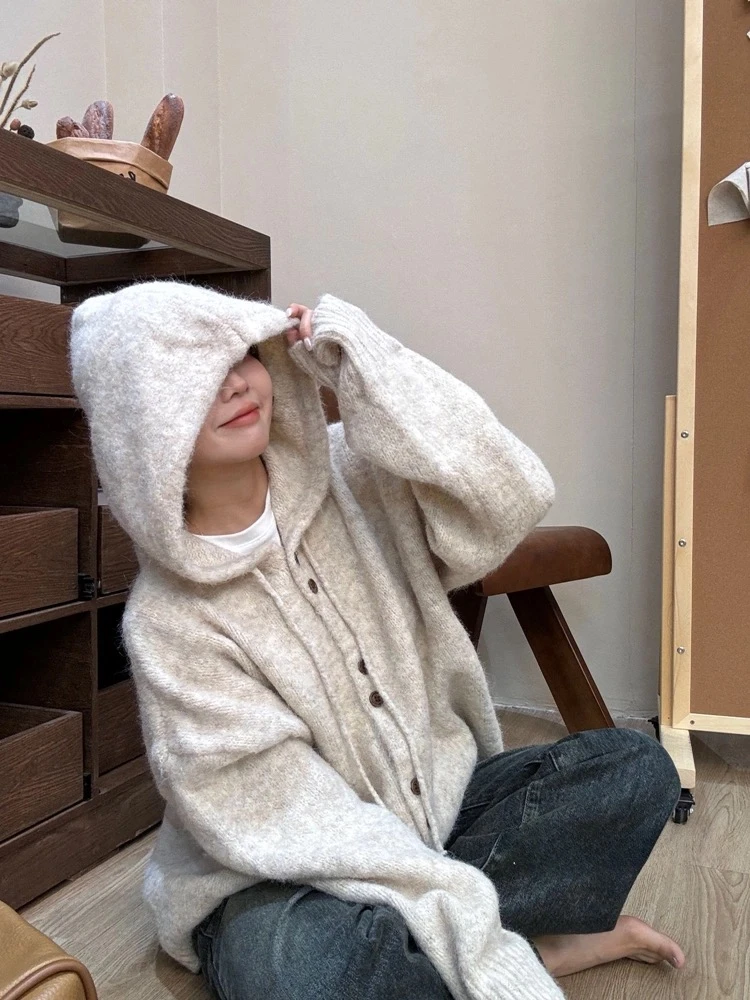 秋冬新款韩系慵懒风软糯加厚连帽开衫套头大被子毛衣带帽韩版