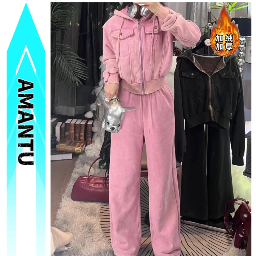 加绒加厚复古慵懒风宽松连帽长袖卫衣2024秋季新款女装设计两件套