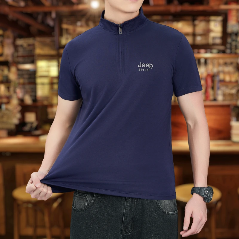 JEEP吉普短袖t恤男夏季2024新款半拉链宽松大码上衣服立领polo衫