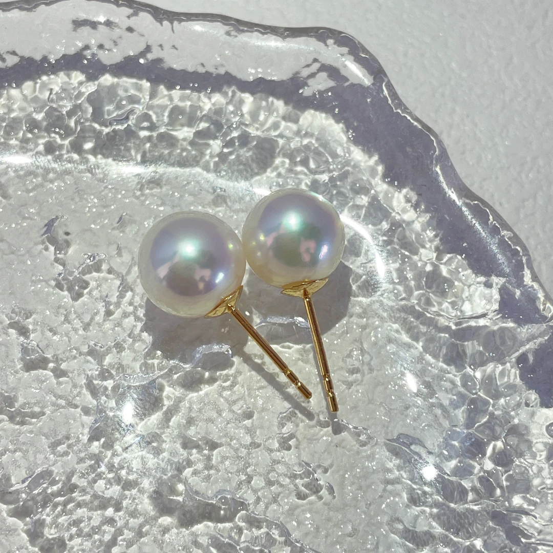 特选天然海水Akoya珍珠白青光素钉9-9.5mm 18K金 （加厚版）