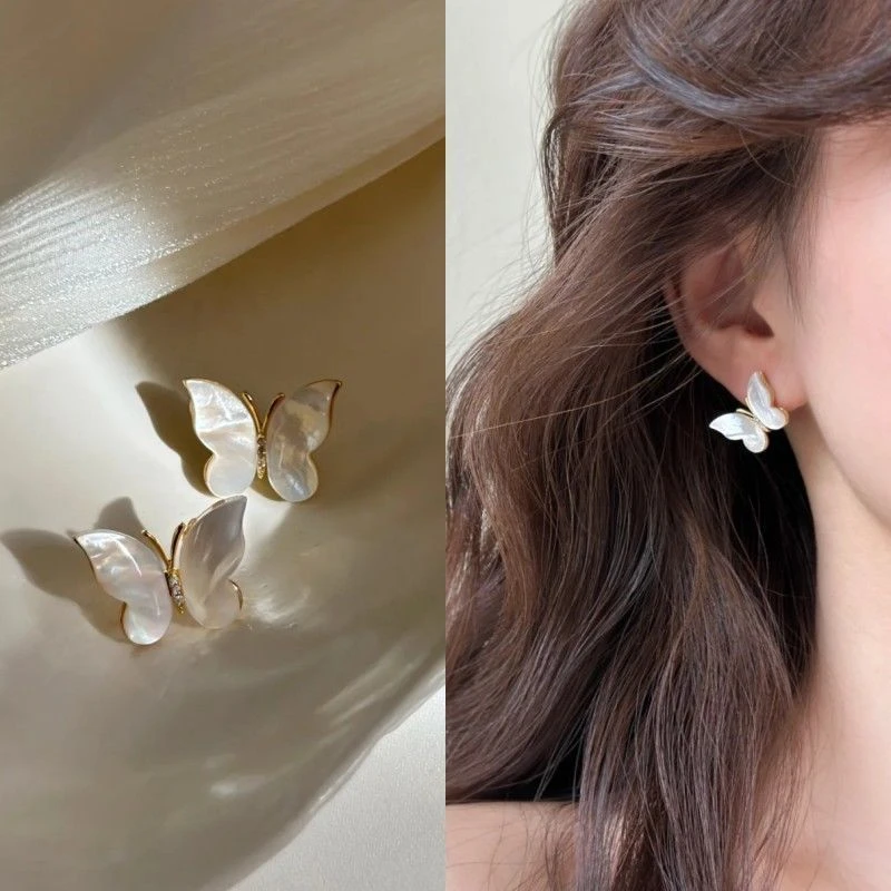 春季白贝蝶小众耳环女简约气质轻奢仙气蝴蝶耳钉女夏日清新耳饰女