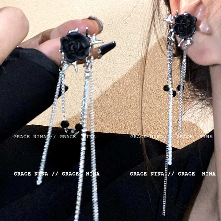 铜合金耳饰 暗黑风~荆棘玫瑰流苏耳夹无耳洞女高级感气质辣妹春夏