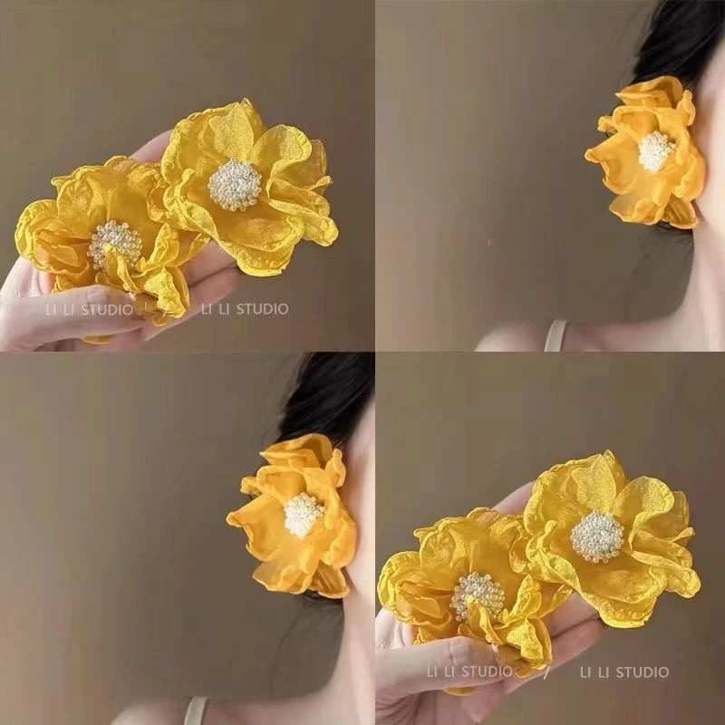 荒野颂风 超仙法式复古黄色雪纺花朵耳环 夸张高级感小众气质度假