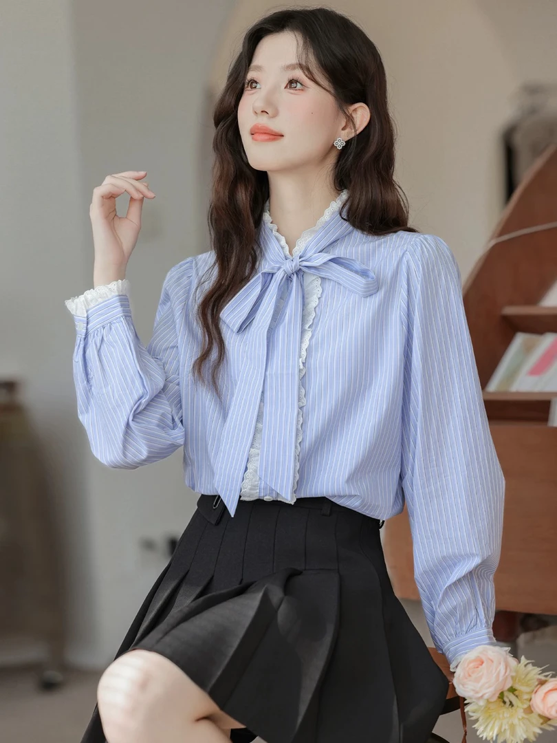 2024秋季新款蓝色条纹飘带长袖衬衫女蝴蝶结泡泡袖衬衣上衣1457
