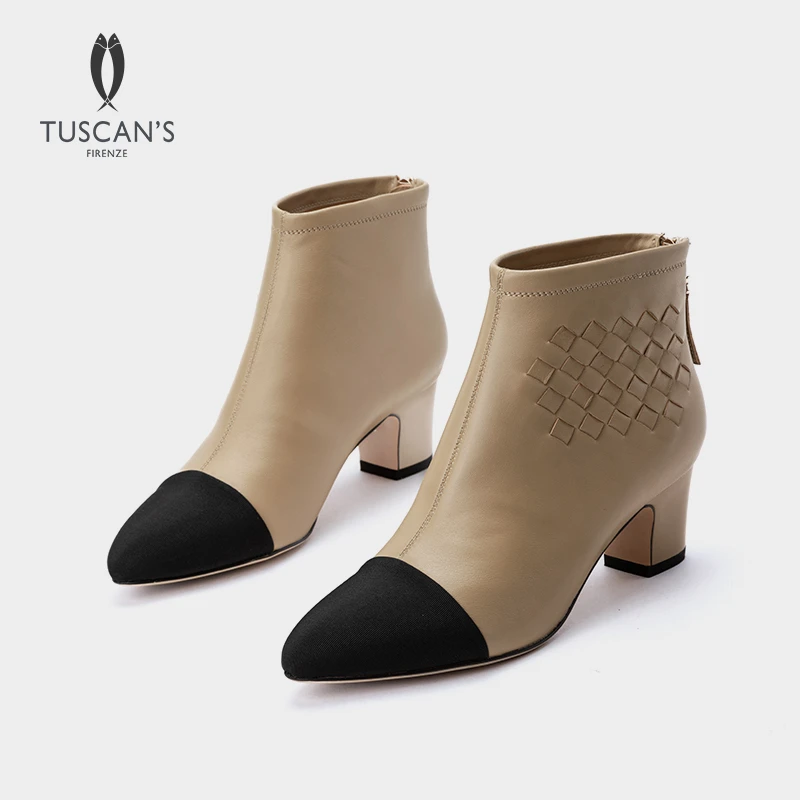 TUSCAN'S女士短靴拼色粗跟时装靴真皮中跟裸靴单靴女靴