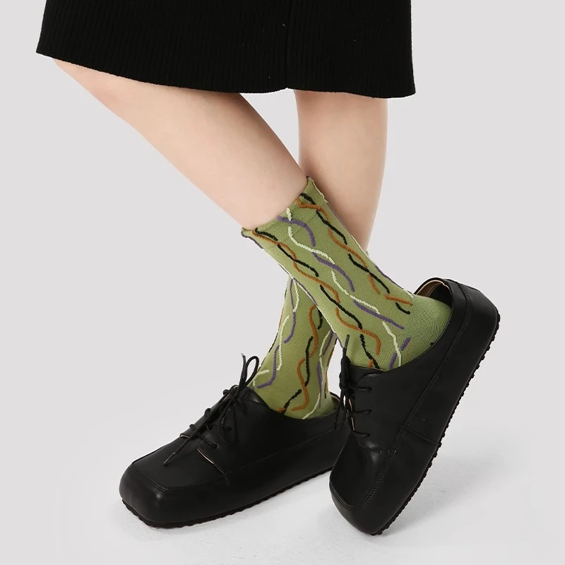 绿色袜子女秋冬季纯棉中筒ins潮外穿复古老花条纹文艺原创设计感