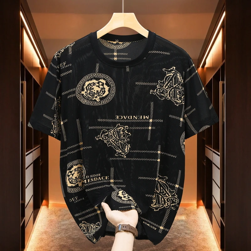 轻奢夏季加肥加大码时尚冰丝速干短袖男休闲t恤宽松潮流胖子半袖