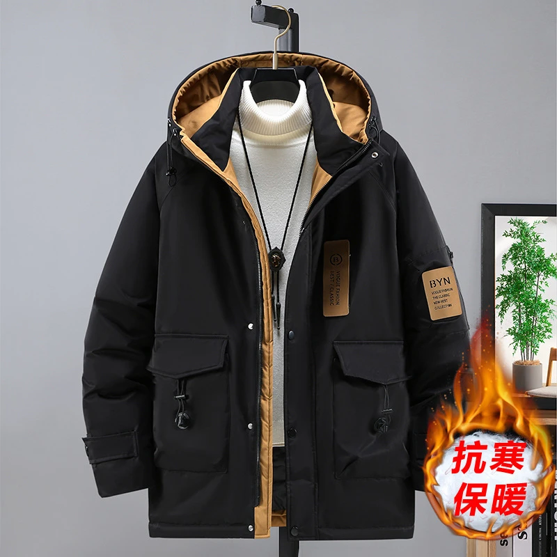 冬季特大码棉服工装连帽棉衣男胖子中长款潮牌冲锋衣休闲保暖棉袄