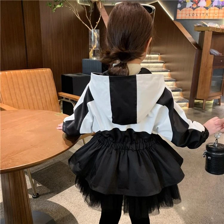 女童2023新款时髦秋款儿童休闲上衣小女孩撞色网纱拼接连帽外套潮