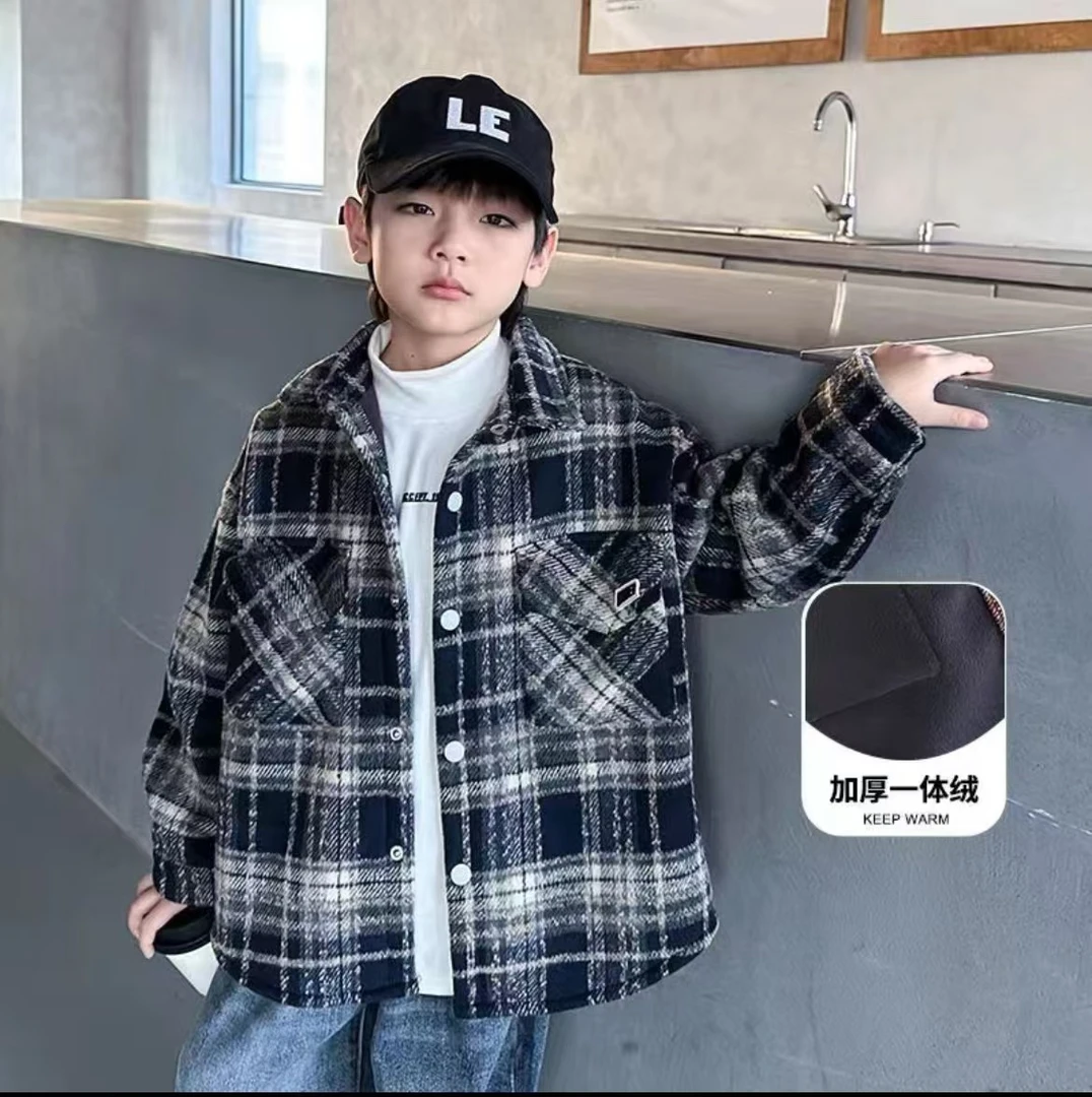 秋冬季男女童毛呢外套一体绒2025新款中大童儿童衬衫帅气时尚百搭