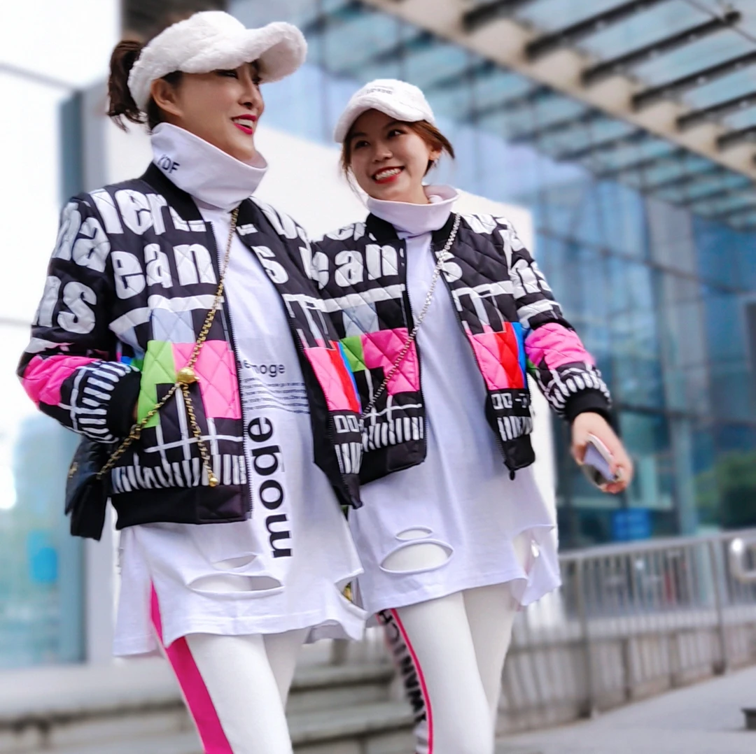 W0209时尚气质轻熟风减龄显瘦菱格夹棉休闲印花短款夹克棉外套