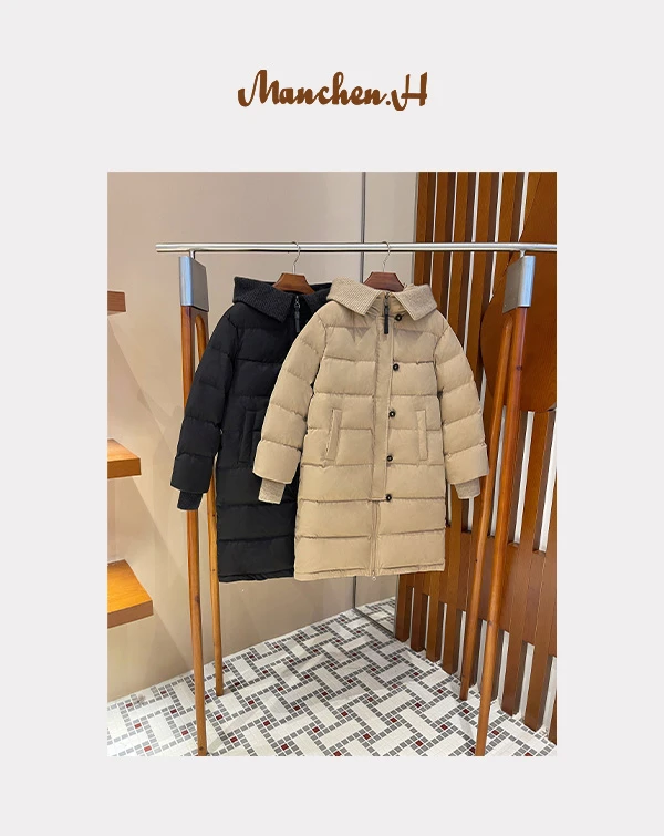 H姐曼辰“浪漫旋律”进口三防面料羊绒针织拼接长款鸭绒服-曼涵宸