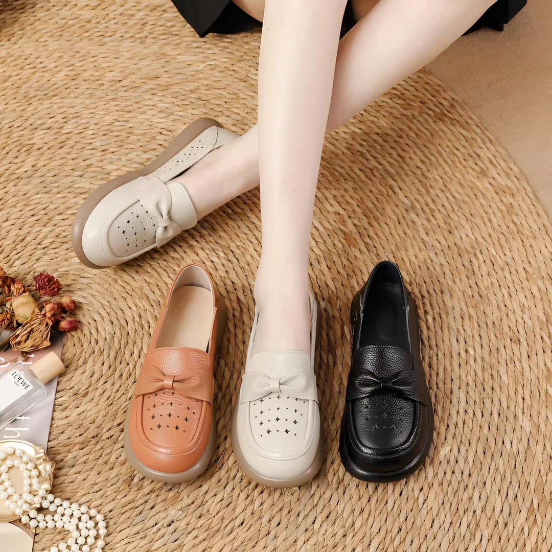 头层牛皮夏季懒人一脚蹬妈妈洞洞鞋防滑舒适透气中老年圆头豆豆鞋