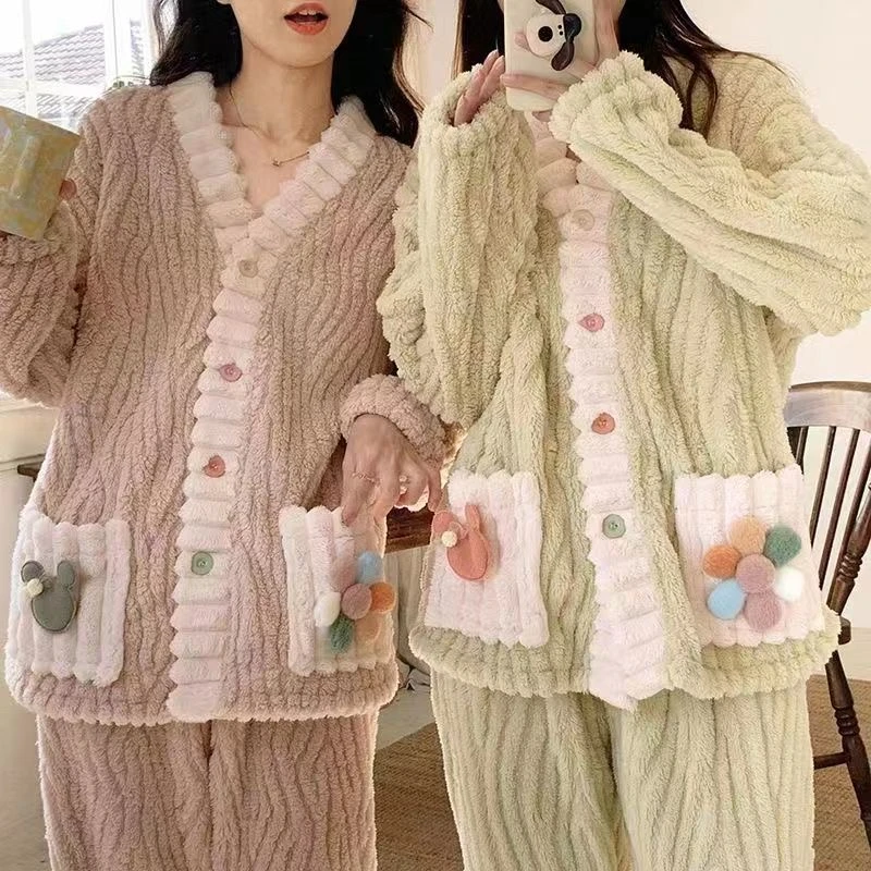 家居服套装女款冬季少女保暖珊瑚绒可爱开衫甜美加绒加厚睡衣 cyj