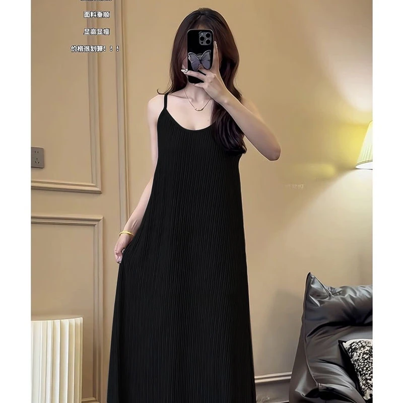 修身显瘦吊带连衣裙褶皱竖条纹外穿打底简约宽松连衣裙吊带裙