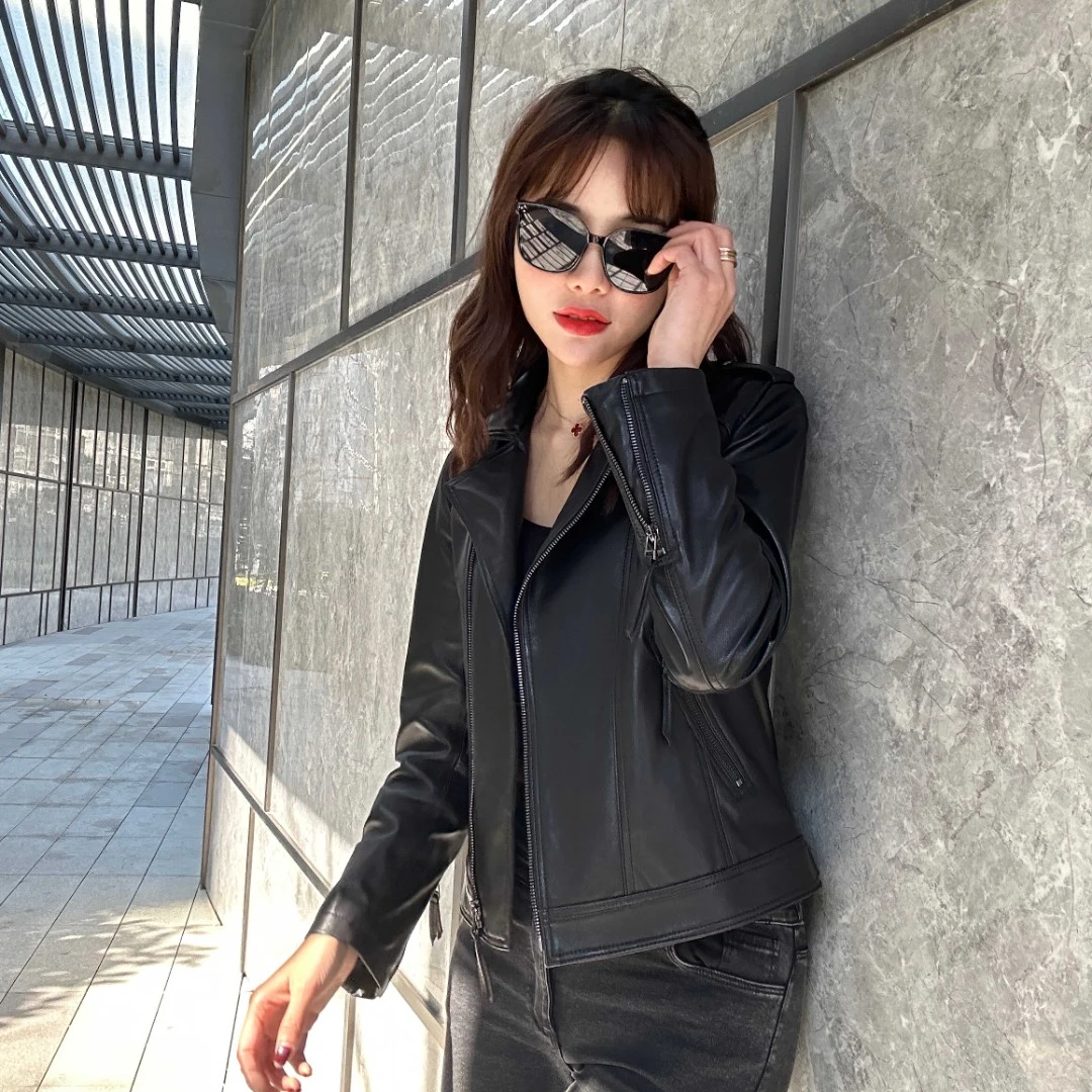 2205全植鞣皮工艺海宁头层绵羊皮真皮皮衣外套女短款皮夹克机车