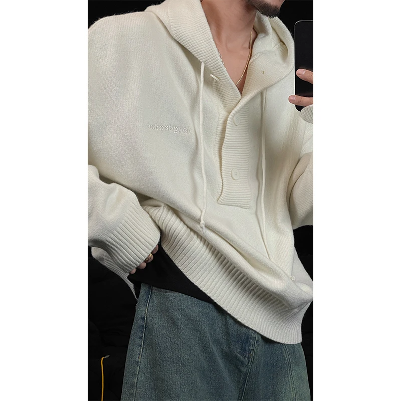 原创秋冬新款针织连帽毛衣美式简约刺绣宽松慵懒风情侣上衣